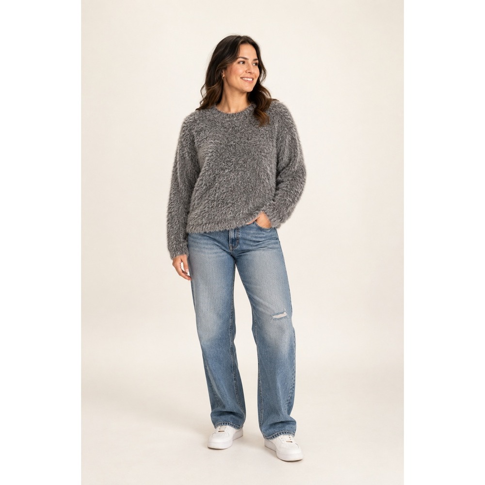 John + Jenn Grey Fuzzy Eyelash Knit Crewneck Sweater Medium Pullover Shaggy Soft